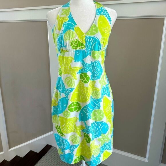 Lilly Pulitzer blue and green, Sea Life print halter dress. - Picture 1 of 4
